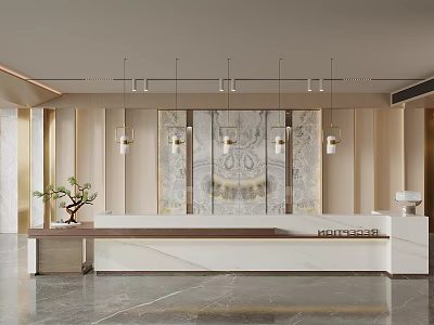 Modern Reception Desk Interior With Marble Countertop Decorative Paintings And Hanging Lights 3d model