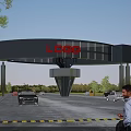 Modern Architectural Entrance Gate with Red Logo Metal Supporting Pillars Green Trees and Cars