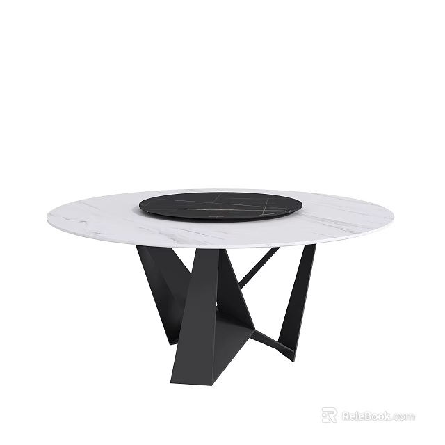 Round White Marble Dining Table With Black Circular Center And Geometric Legs 3d model 
