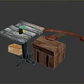 Rustic Wooden Table With Metal Frame Wooden Crate Colorful Blocks Black Cylinder And Curved Plank