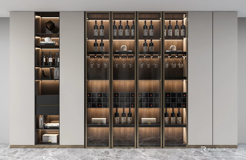 Modern Luxury Wine Cabinet With Glass Shelves LED Lighting And Wine Bottles 3d model 