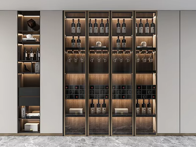 Modern Luxury Wine Cabinet With Glass Shelves LED Lighting And Wine Bottles 3d model