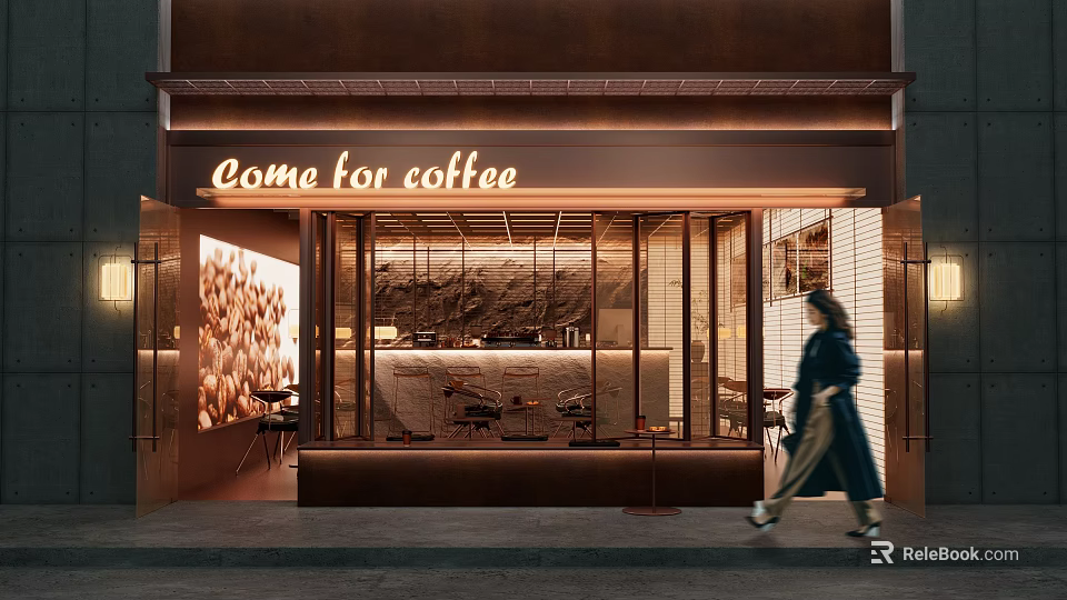 Cozy Coffee Shop Storefront With Warm Lighting Glass Windows And Come For Coffee Sign 3d model 