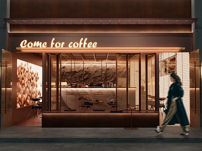 Cozy Coffee Shop Storefront With Warm Lighting Glass Windows And Come For Coffee Sign 3d model