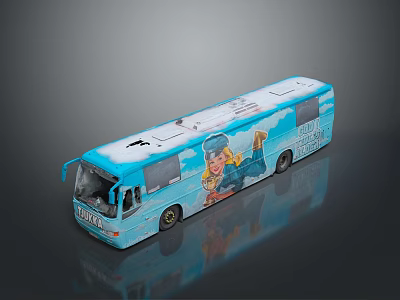 Blue Bus With Advertisement Graphics Featuring Character Image And Side Text 3d model
