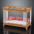 Ornate Golden Carved Double Bed With White Canopy And Colorful Patterned Cushions