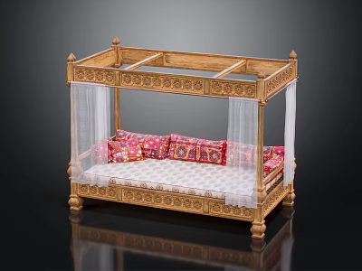Ornate Golden Carved Double Bed With White Canopy And Colorful Patterned Cushions 3d model