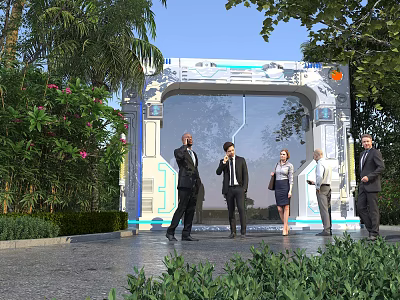 People Gathered At Modern Outdoor Tech Archway With Greenery And Trees 3d model