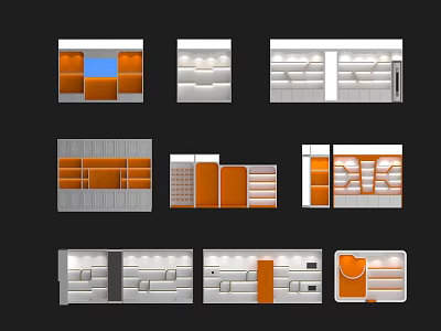 Various Modern Display Shelves With Orange White Accents And Multi Layer Compartments 3d model