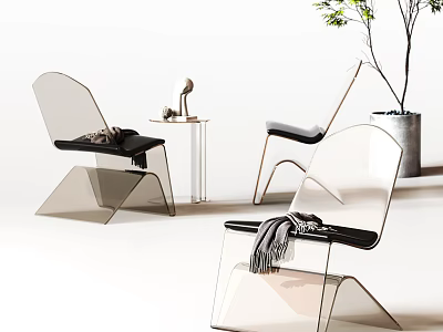 Modern Transparent Leisure Chairs with Black Cushions Grey Throws Near Side Table Green Plant 3d model