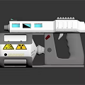 Handheld Household Device With White Gray Body Red Button Yellow Warning Labels And Blue Indicators