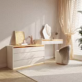 Elegant White Dressing Table with Gold Legs Ornate Mirror Open Drawers and Pink Flower Vase