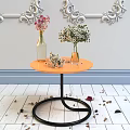 Decorative Vases With Fresh Flowers On Orange Green Round Tables With Petals
