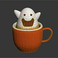 Cute White Smiling Ghost In Red Cup With Happy Face And Yellow Drink