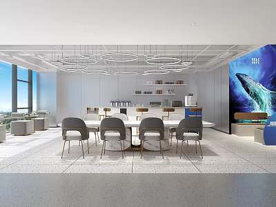 Modern Open Concept Cafe Interior With Large Windows Gray Chairs And Chandeliers 3d model