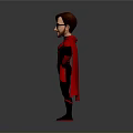 Cartoon Superhero Character In Black Suit With Red Cape Glasses And Chest Symbol