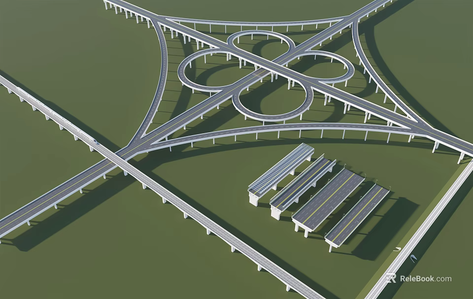 Multi Lane Highway Bridge Interchange with Circular Overpass Structures and Green Surroundings 3d model