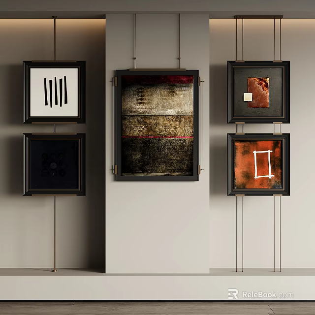 Framed Decorative Paintings With Various Designs And Colors Hanging On Wall 3d model 