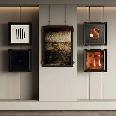 Framed Decorative Paintings With Various Designs And Colors Hanging On Wall 3d model