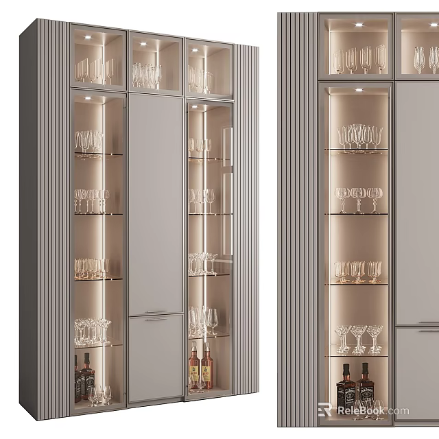 Modern Wine Cabinet With Glass Shelves LED Lighting And Wine Glass Storage 3d model 