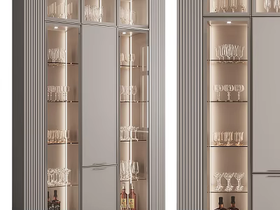 Modern Wine Cabinet With Glass Shelves LED Lighting And Wine Glass Storage 3d model