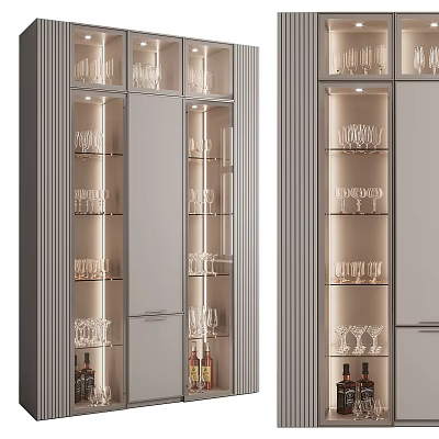 Modern Wine Cabinet With Glass Shelves LED Lighting And Wine Glass Storage 3d model