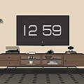 Modern Walnut Wood TV Stand With Glass Storage Doors And Decorative Items Around TV