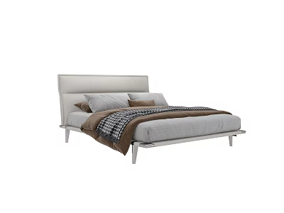 Modern Double Bed With Light Leather Headboard Metal Frame And Gray Bedding 3d model