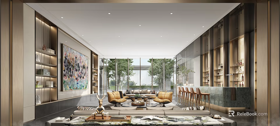 Modern Lounge Area Interior With Large Windows Green Plants Decorative Painting Sofa Chairs And Bookshelves 3d model 