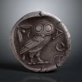 Ancient Silver Coin Featuring Owl Design With Olive Branch And Cracked Surface