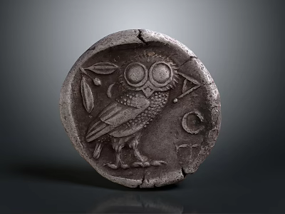 Ancient Silver Coin Featuring Owl Design With Olive Branch And Cracked Surface 3d model