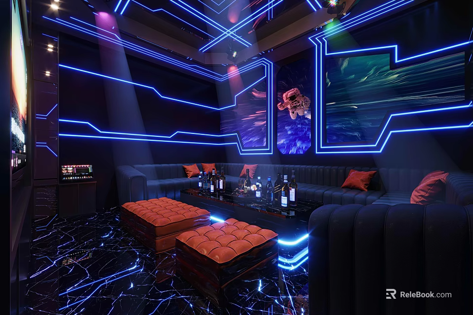 Modern KTV Interior Design With Comfortable Sofas Colorful Lighting And Art Murals 3d model