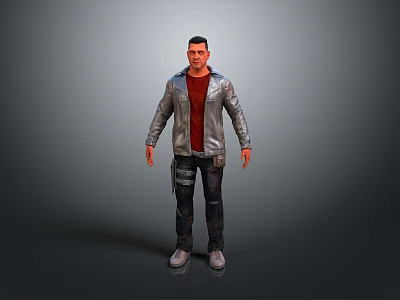 Man Wearing Silver Leather Jacket Red T Shirt And Cargo Pants Standing Pose 3d model