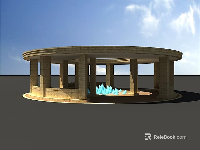Round Open Outdoor Pavilion With Stone Columns And Blue Flames 3d model