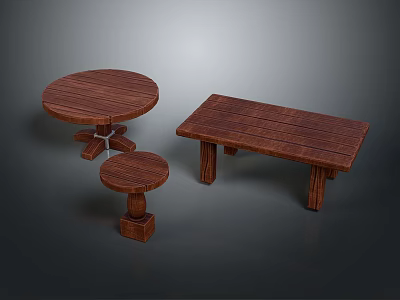 Wooden Furniture Set Including Round Table Rectangular Bench And Small Stool 3d model