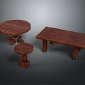 Wooden Furniture Set Including Round Table Rectangular Bench And Small Stool