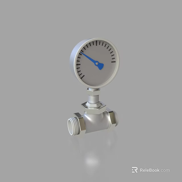 Silver Pressure Gauge With Blue Pointer And Metal Valve Body Structure 3d model 