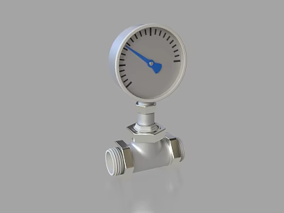 Silver Pressure Gauge With Blue Pointer And Metal Valve Body Structure 3d model