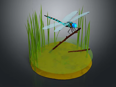 Dragonfly Perched on a Branch in Circular Area with Green Grass and Yellow Ground 3d model