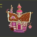 Cartoon Fairy Tale Cottage with Red Snowflaked Roof Pink Tower Pink Door and Decorative Windows