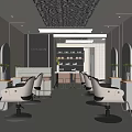 Modern Hair Salon Interior Design With White Chairs Mirrors And Silver Textured Ceiling