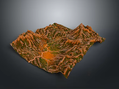 Mountain Landscape Terrain Model Featuring Green Vegetation Orange Land And Winding Path 3d model
