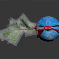 Blue Christmas Ornament With Red Bow Pine Branch And Merry Christmas Text