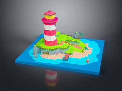 Red And White Striped Lighthouse Model On Island With Green Area Small Bridge And Water 3d model