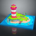 Red And White Striped Lighthouse Model On Island With Green Area Small Bridge And Water