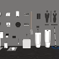 Modern Wall Mounted Urinals In Public Restroom With Sanitary Accessories And Signs