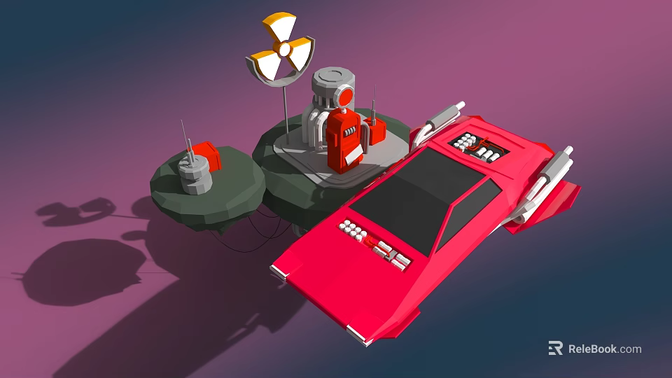 Cartoon Scene With Red Futuristic Spaceship Car And Radioactive Sign On Round Platforms 3d model 