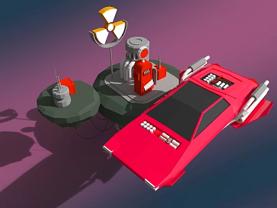 Cartoon Scene With Red Futuristic Spaceship Car And Radioactive Sign On Round Platforms 3d model