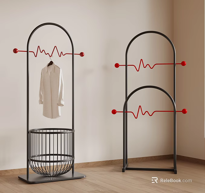 Modern Black Hanger with Red Wavy Bar Red Ball Decor White Coat and Black Basket 3d model 