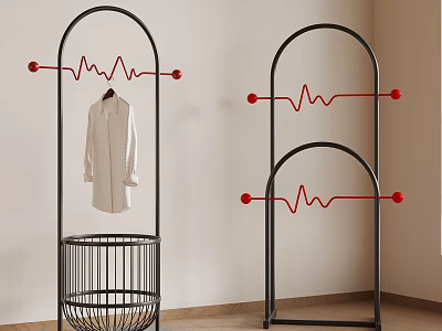 Modern Black Hanger with Red Wavy Bar Red Ball Decor White Coat and Black Basket 3d model